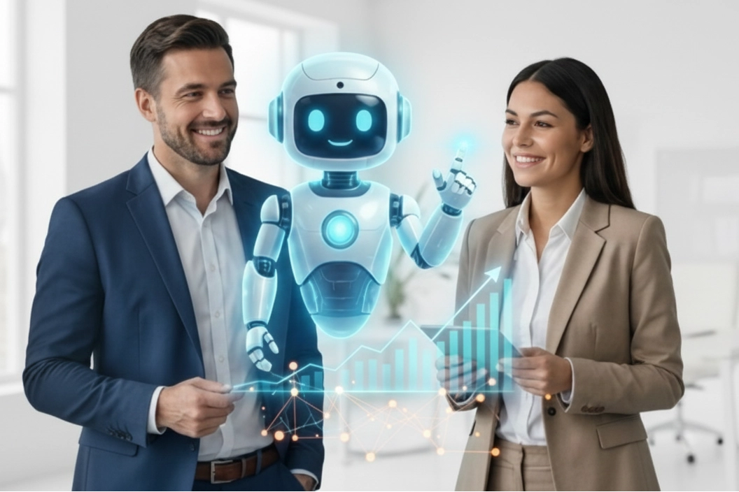 Dos profesionales observan un asistente de inteligencia artificial que muestra gráficos de crecimiento y datos de negocio.